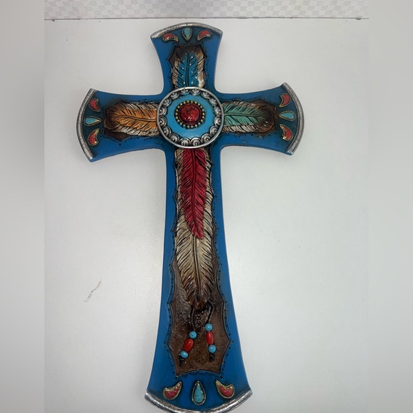 South west Other - Southwest Native Indian Wall Cross Turquoise‎ Feather Design Hand-Painted Navajo